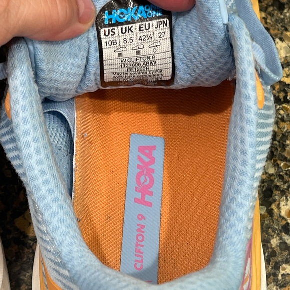 Hoka Light Blue and Peach Athletic Shoes Clifton nine size 10, ladies - Picture 9 of 10